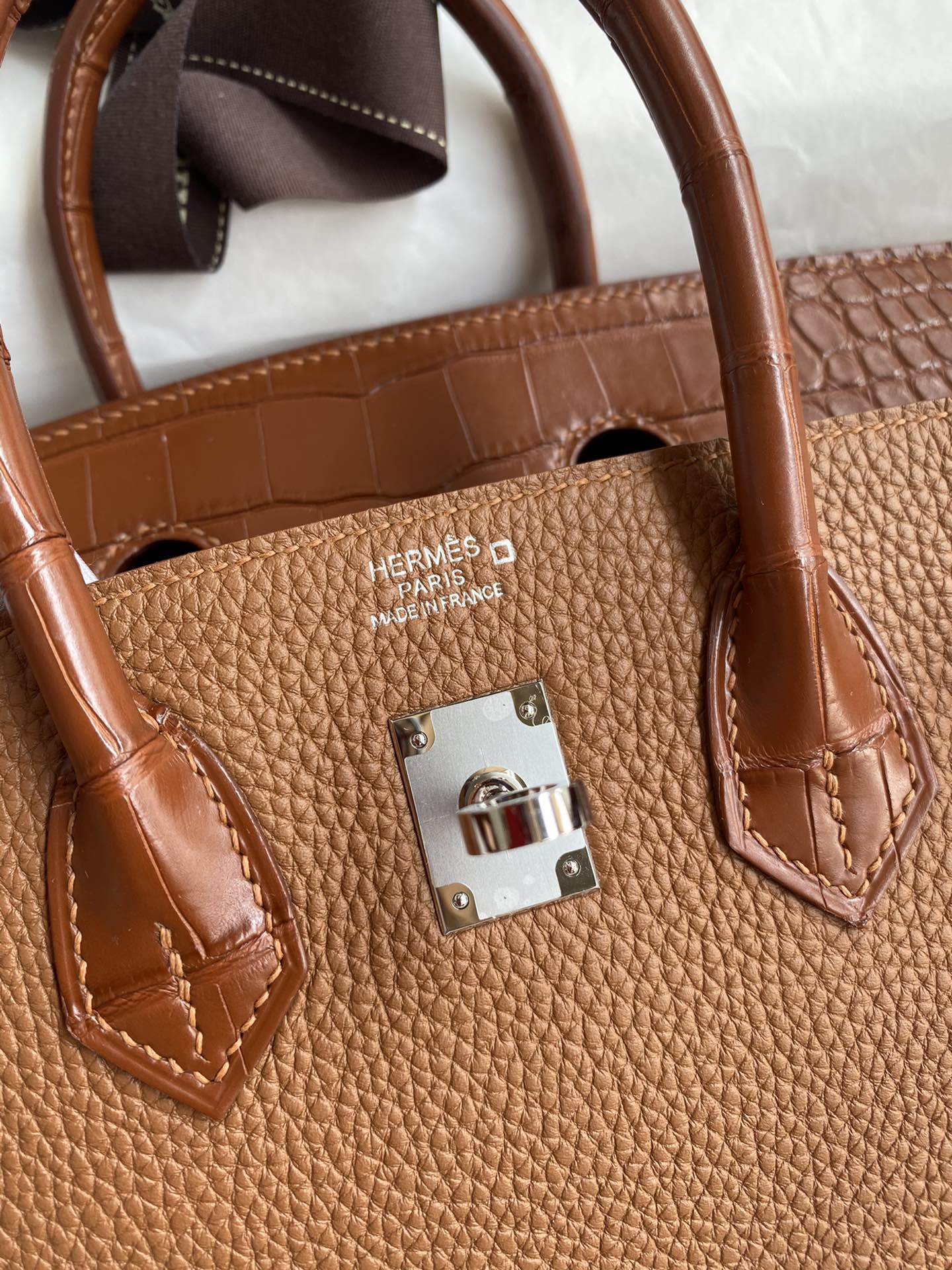 Hermes Touch Birkin 25CM Bag In Brown Togo and Matte Alligator Crocodile Leather